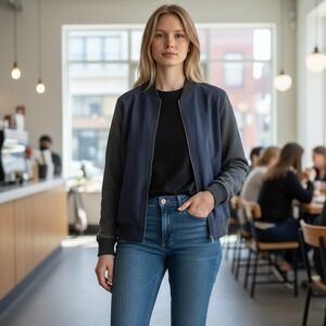 Bomber jacket women size L or Unisex navy blue charcoal grey reversible varsity